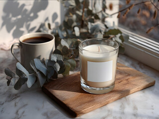 9oz clear glass candle with empty white label beside coffee cup eucalyptus stems and wooden cutting board on marble counter soft morning light through window Christma