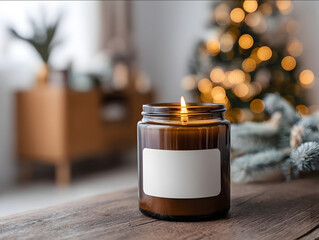 amber glass candle with blank white label on walnut cabinet glowing fairy lights in background with Christmas tree and a family gathered together cozy atmosphere with