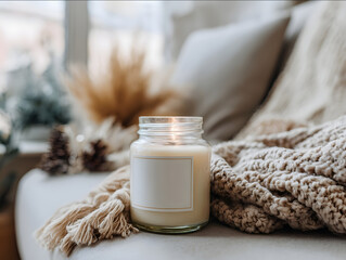 lit clear glass jar candle with empty white label on coffee table next to sofa with beige blanket Christmas decor subtly visible in background golden hour light throu