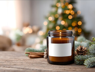  amber glass jar candle with empty white label glowing on wooden coffee table surrounded by pine branches cinnamon sticks and fairy lights blurred Christmas