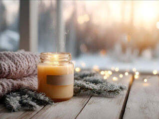 9az amber glass candle with empty label glowing on a rustic wooden porch table surrounded by snowdusted pine branches a knitted scarf and fairy lights soft golden hou