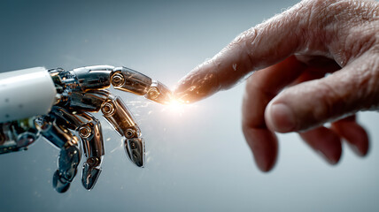 Humanity meets artificial intelligence in a display of connection. A robot hand touches a human hand, sparks flying. The future is now.