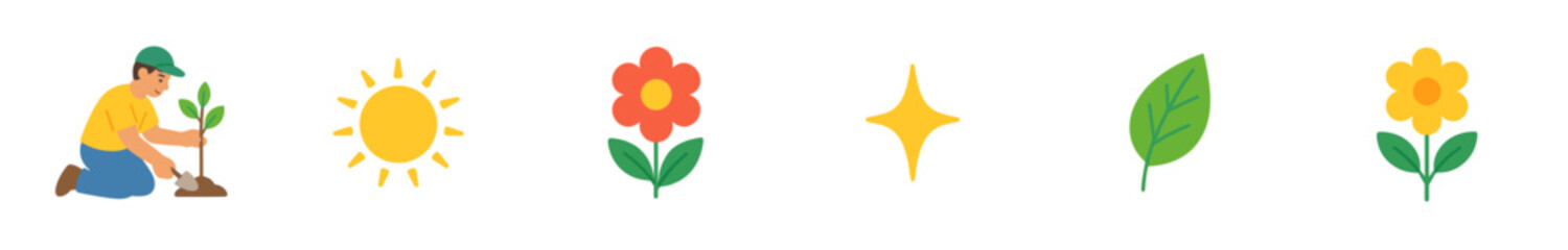 Obraz premium Collection of simple nature and gardening icons featuring a man planting a sapling, a sun, two colorful flowers, a green leaf, and a sparkle in a flat vector style