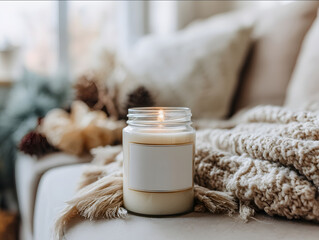 lit clear glass jar candle with empty white label on coffee table next to sofa with beige blanket Christmas decor subtly visible in background golden hour light throu
