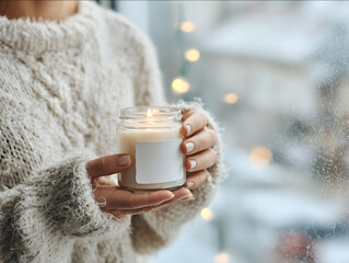womans hands in fluffy white sweater holding a lit clear glass jar candle with empty white label near frosted window snow and Christmas lights visible outside cozy fe