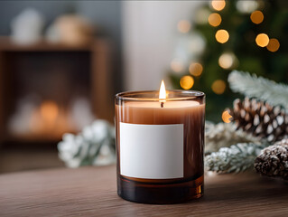 amber glass candle with blank white label on walnut cabinet glowing fairy lights in background with Christmas tree and a family gathered together cozy atmosphere with