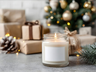 close up photo of a cozy mockup of a lit clear jar candle with a white empty label below the Christmas tree with wrapped present boxes and Christmas lights scattered