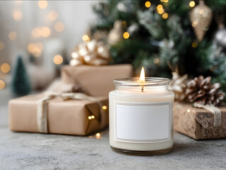 close up photo of a cozy mockup of a lit clear jar candle with a white empty label below the Christmas tree with wrapped present boxes and Christmas lights scattered