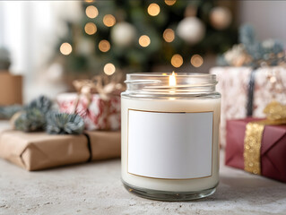close up photo of a cozy mockup of a lit clear jar candle with a white empty label below the Christmas tree with wrapped present boxes and Christmas lights scattered
