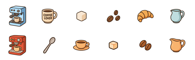 Colorful cartoon set of coffee icons including an espresso machine, mug, beans, croissant, sugar cube, and milk pitcher for a cafe or breakfast theme illustration