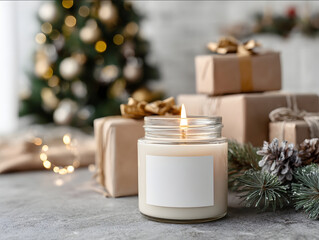 close up photo of a cozy mockup of a lit clear jar candle with a white empty label below the Christmas tree with wrapped present boxes and Christmas lights scattered