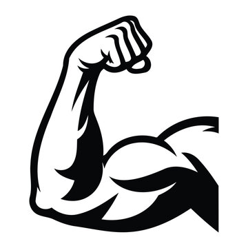 Strong flexed bicep arm silhouette icon in black bold style