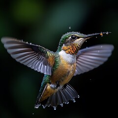Fototapeta premium Hummingbird with water droplets in flight against dark photo background flying wings