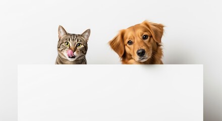 A golden dog and striped cat peek over a white surface, looking at the camera. Perfect for pet care services, veterinary clinics, animal adoption campaigns, or pet product promotions.
