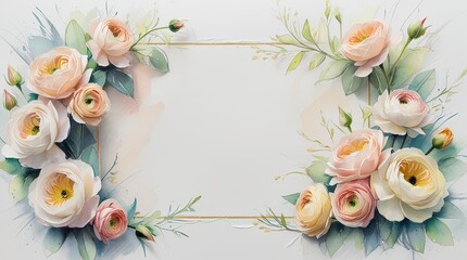 Floral frame with pastel roses and greenery on a white background  