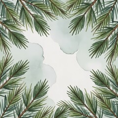 Watercolor pine branches creating a festive frame with soft background  