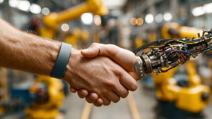 A handshake between a human and a robot represents the convergence of technology and humanity in a modern manufacturing setting.