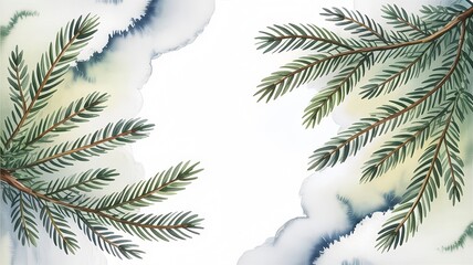 Evergreen branches on watercolor background with soft hues  