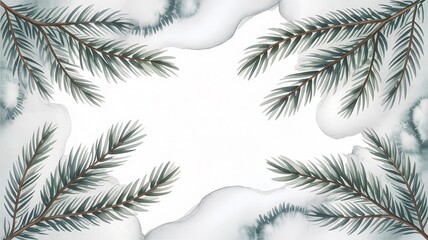 Evergreen branches with snow on a white background in winter style  