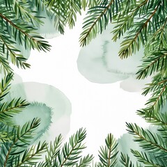 Evergreen branches framing a watercolor background in green hues  