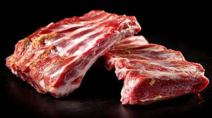 Obraz premium Two pieces of raw pork ribs are displayed on a dark surface. The meat shows its red color and marbling. The ribs are prepared for cooking. Light highlights the texture of the meat.