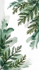 Green botanical leaves illustration with watercolor background  