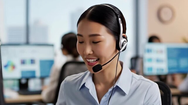 Friendly Asian customer service agent with a headset talking on a video call. POV of a professional call center operator consulting a client in a modern office. Online support and communication