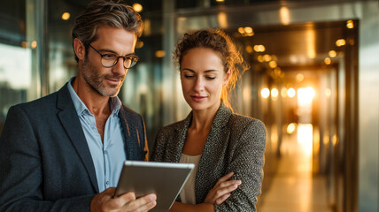 Two professionals analyze data on a tablet in a modern office. The sunlight streams in as they collaborate on important decisions.