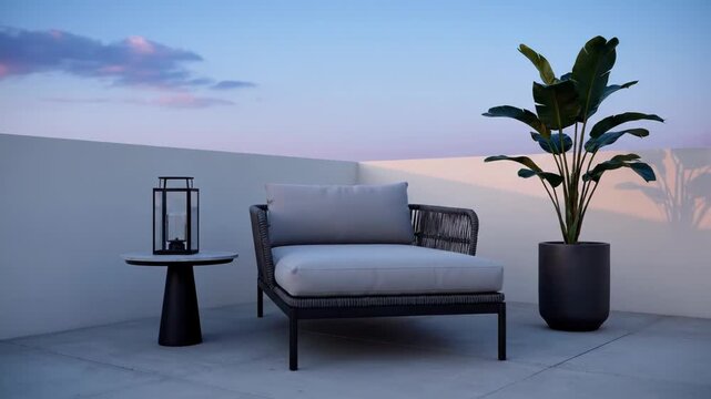 Modern outdoor furniture appears on a minimalist patio at twilight. This serene setting offers a peaceful escape under a soft sky.