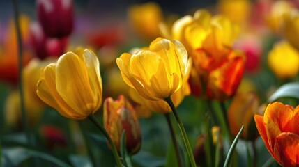 Tulips in various shades of yellow and orange stand tall in a garden setting. The sun shines on the flowers creating a vibrant scene. Springtime brings life to the park.
