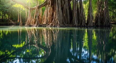 Obraz premium Banyan tree roots reflecting in calm water