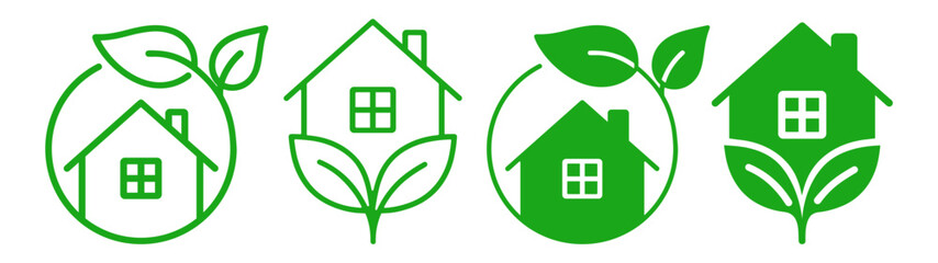 Eco house icon set with green home and leaf symbols, sustainable energy and ecology concept vector illustration on transparent background  © Polyak Tata