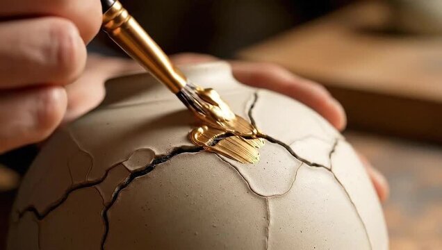 Kintsugi repair applying gold paint to cracked pottery surface