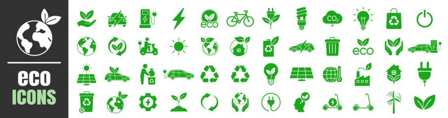 Ecology icon set. Eco green symbols, environment and sustainability concept, nature and energy collection on transparent background