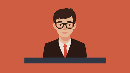 Portrait of professional young man wearing glasses and suit with red tie against solid background in flat minimalist vector style