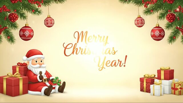 A delightful 3D animated scene captures the essence of winter holidays, featuring a charming, jolly character in a classic red suit and hat, surrounded by an abundance of beautifully wrapped gift boxe