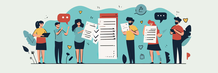 Diverse group of people holding and reviewing customer feedback forms with speech bubbles and rating icons in flat minimalistic vector illustration style