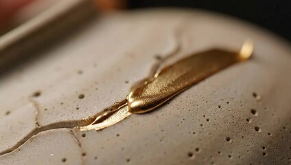 Closeup of gold paint being applied to a textured, porous surface with a brush
