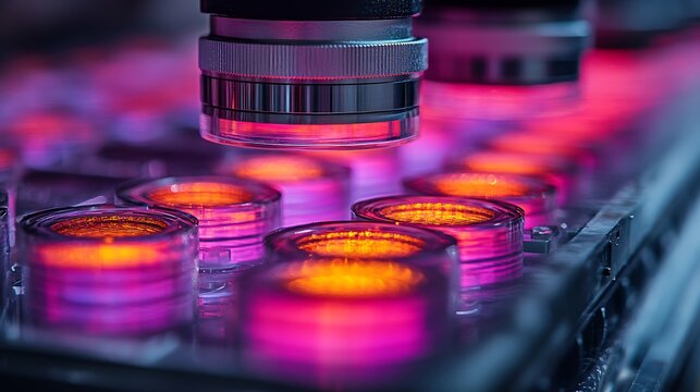 Industrial Machine with Glowing Orange and Pink Lights Over Containers technology photo