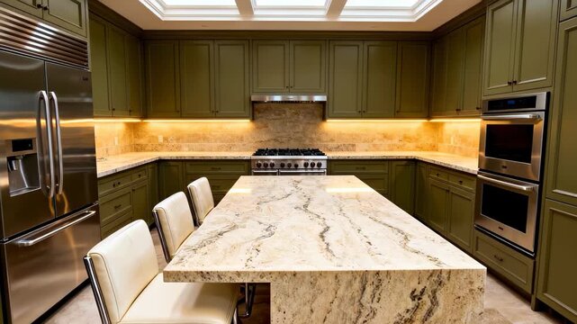 Classic kitchen interior with olive green cabinets, granite island, stainless steel appliances, and ceiling light