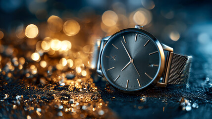 Elevate your style with a classic timekeeper. Watch features a minimalist design with a black dial and gold accents, radiating luxury.