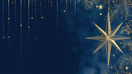 A golden star is the focal point on a dark blue background. Decorative elements hang from the top and various shapes appear scattered around. The scene suggests a celebration.