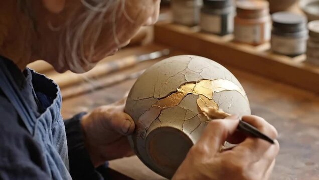 Artisan applying gold lacquer to repair a cracked ceramic bowl using kintsugi technique
