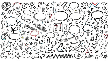 A diverse collection of hand-drawn doodle elements including speech bubbles, stars, arrows, question marks, and musical notes.
