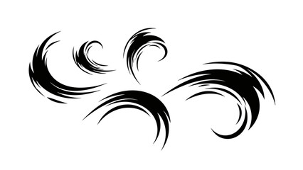A collection of five abstract black brush stroke elements resembling swirling waves or gusts of wind.