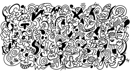 A chaotic and intricate black and white doodle art illustration filled with abstract shapes, faces, and symbols.