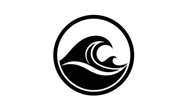 A minimalist black and white circular logo featuring stylized ocean waves.