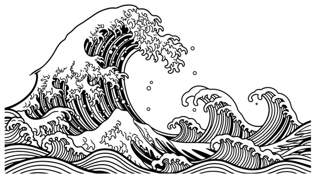 Stylized black and white line art of a powerful ocean wave crashing, with smaller waves in the foreground, reminiscent of traditional Japanese ukiyo-e woodblock prints.