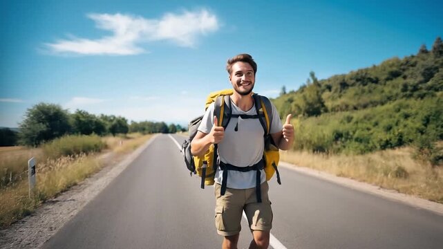 Happy traveler backpacker in center of road hitching car and feeling excited. Generative AI