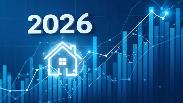 A futuristic digital display showcases the year 2026 alongside a prominent, glowing house icon, set against a backdrop of dynamic, upward-trending blue bar charts and line graphs. This abstract repres